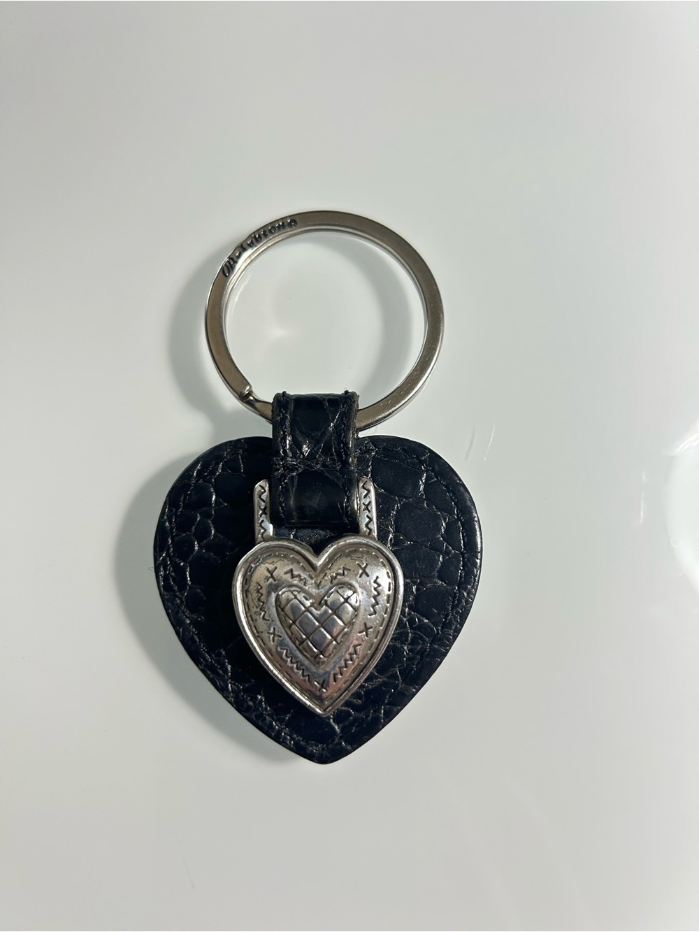 BRIGHTON Croc Embossed Black Leather w/Silver Heart Key Ring Approx. 2" x 2"